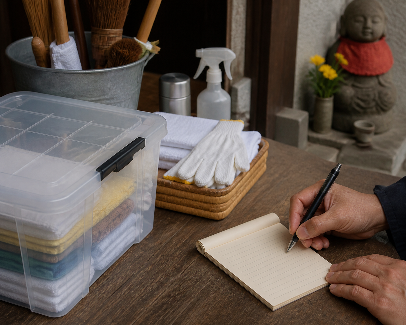 片付け後に来年向けの短い引き継ぎメモを書いて収納箱の上へ置く静かな手元イメージ