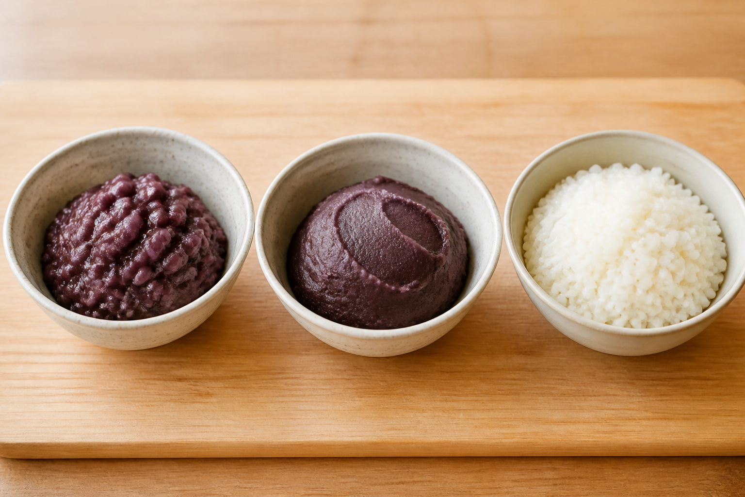 粒あんとこしあんともち米を家庭用にそろえて食べ比べる準備をしているイメージ