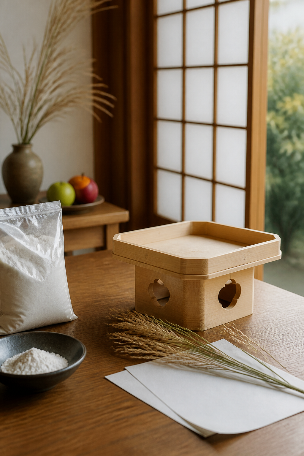 上新粉と敷き紙と小ぶりな木の台を家で準備している月見支度のイメージ