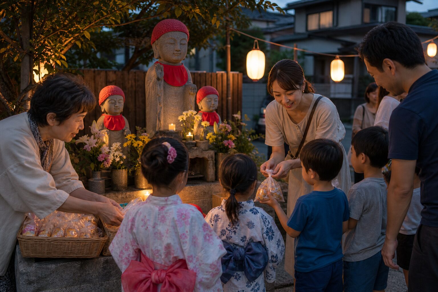 地蔵盆の会場でお菓子袋を受け取る子どもたちを遠景で見守るイメージ