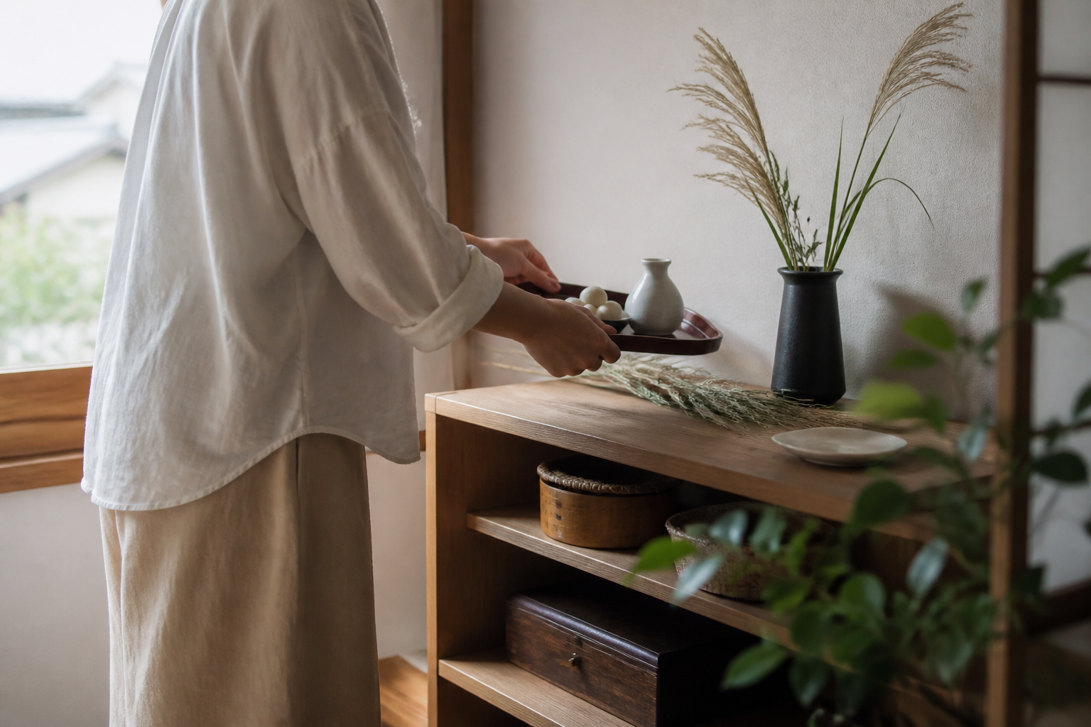 十五夜の後にすすきと月見飾りを静かに片付ける朝の室内イメージ