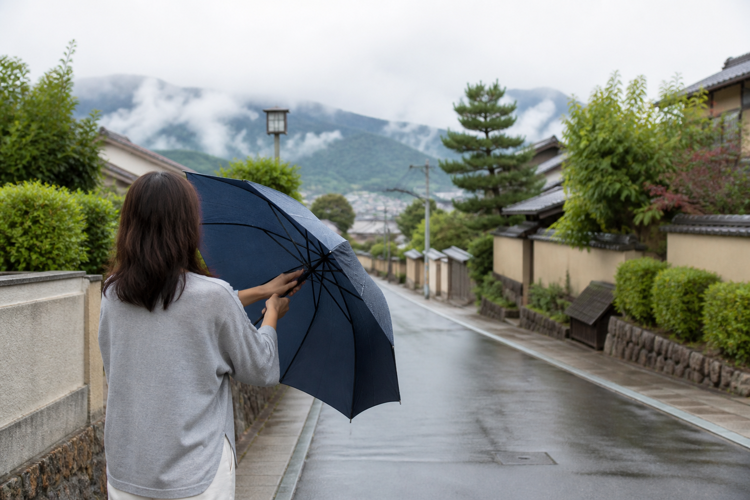 雨上がりの落ち着いた日本の街並み
