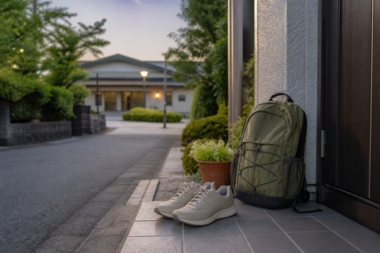 訓練準備を感じる落ち着いた住宅街と玄関