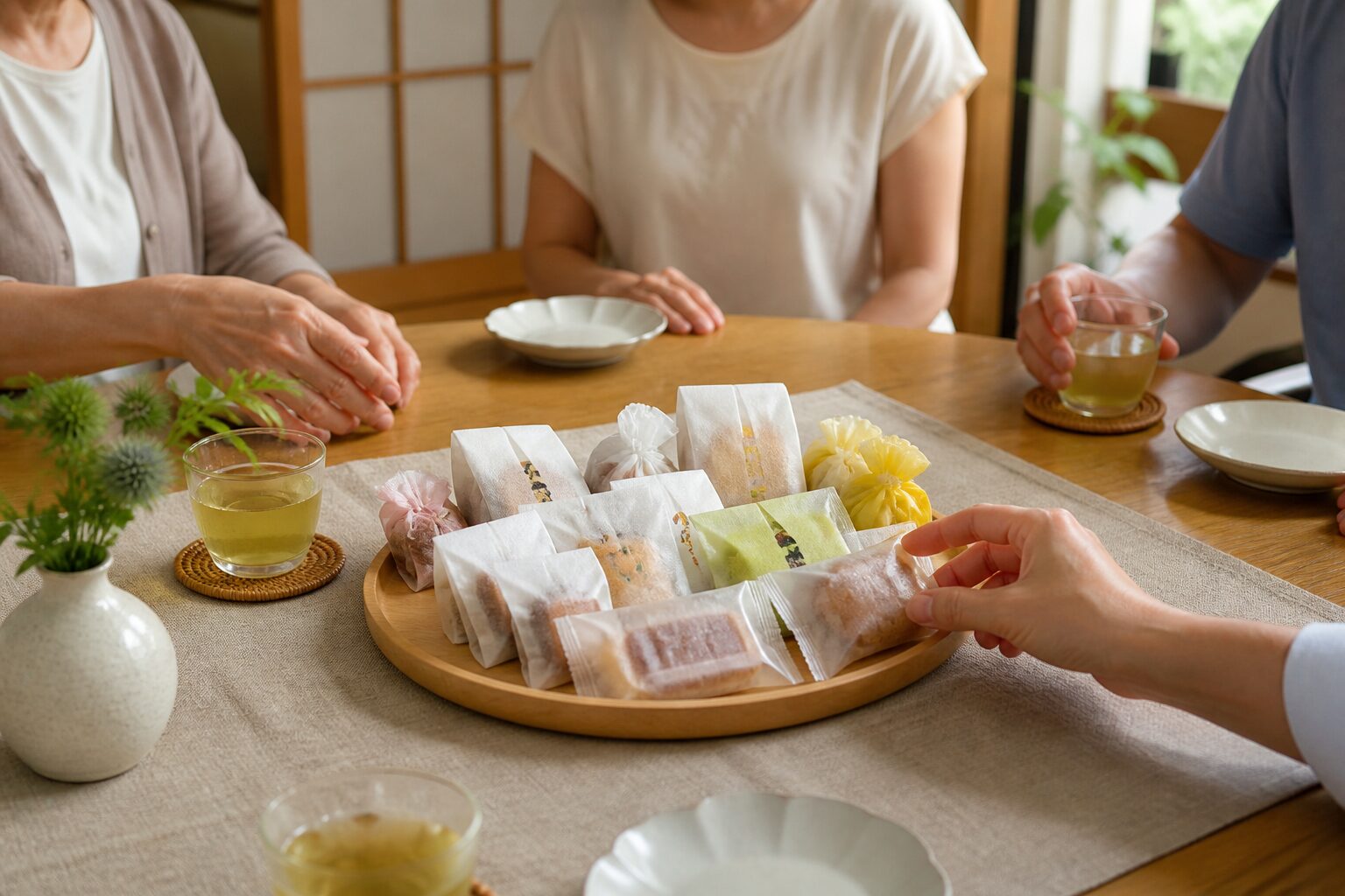 個包装の手土産を開けて家族で分けやすく並べる食卓のイメージ
