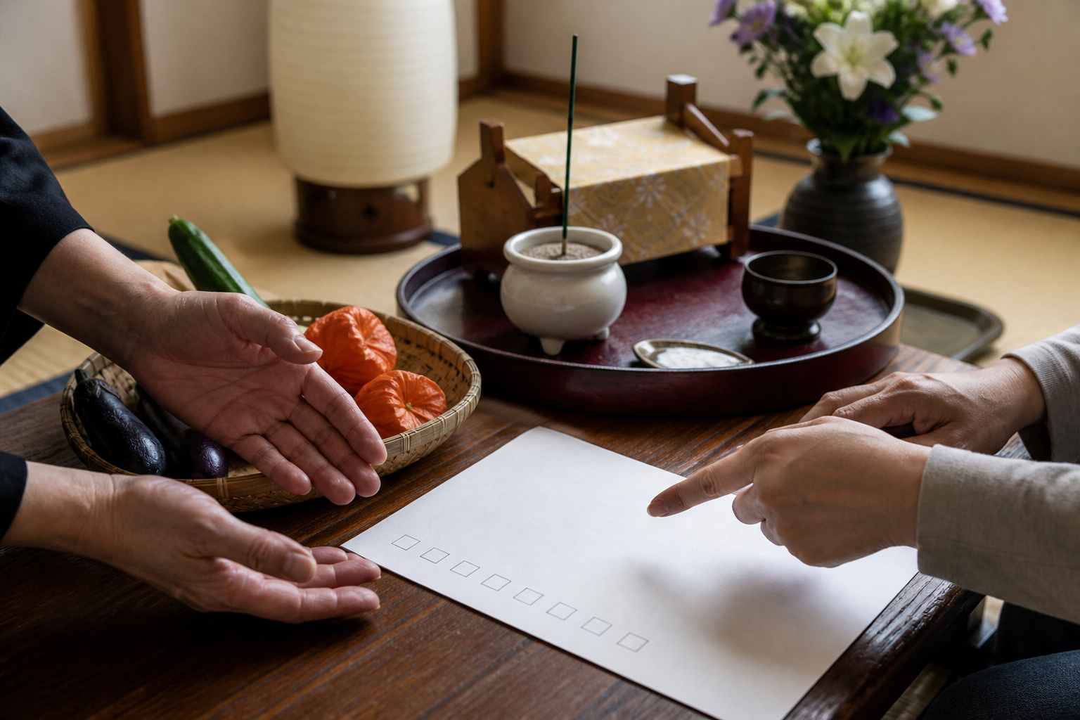 家の習慣を確認しながらお盆の片付け順を相談するイメージ