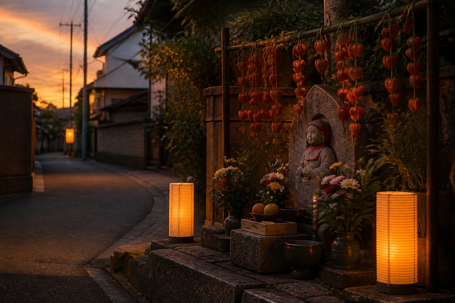地蔵盆の提灯とほおずきが落ち着いて並ぶ夕方の町内イメージ