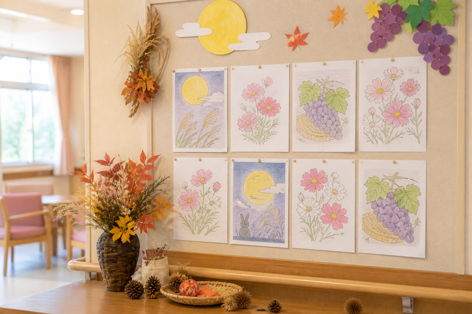 敬老会前に9月の塗り絵作品をやさしく掲示する室内イメージ