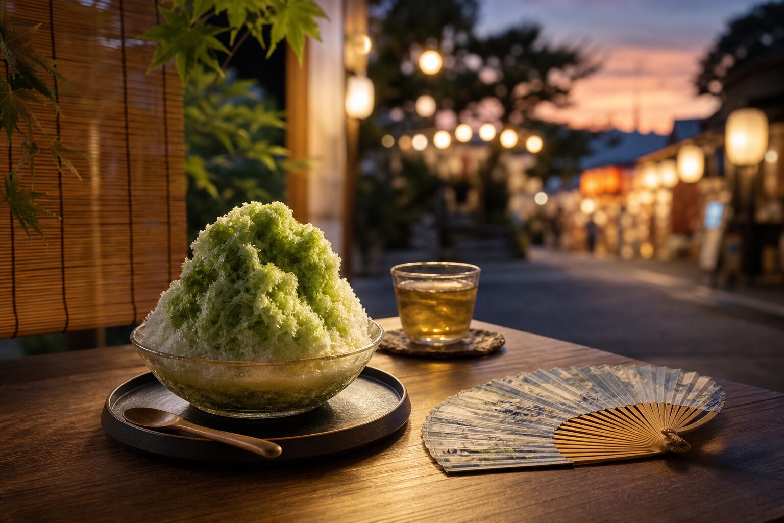 夏祭り帰りにかき氷で休憩する落ち着いた夕方のテーブルのイメージ