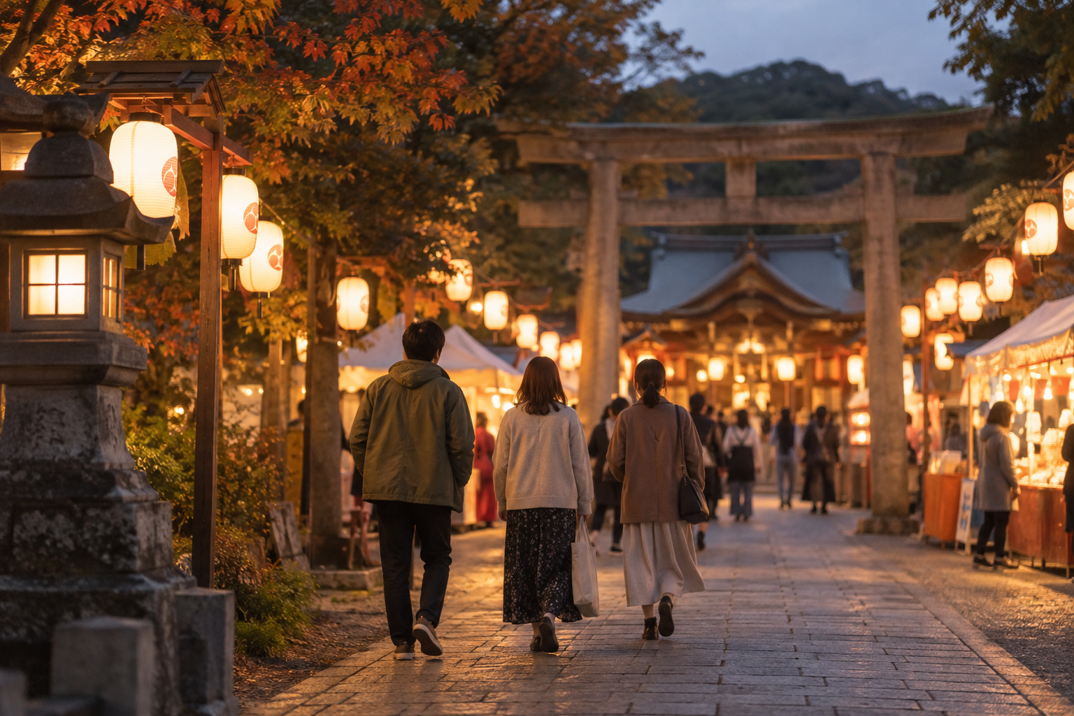 秋祭りの提灯が並ぶ夕方の境内へ歩く人々の後ろ姿