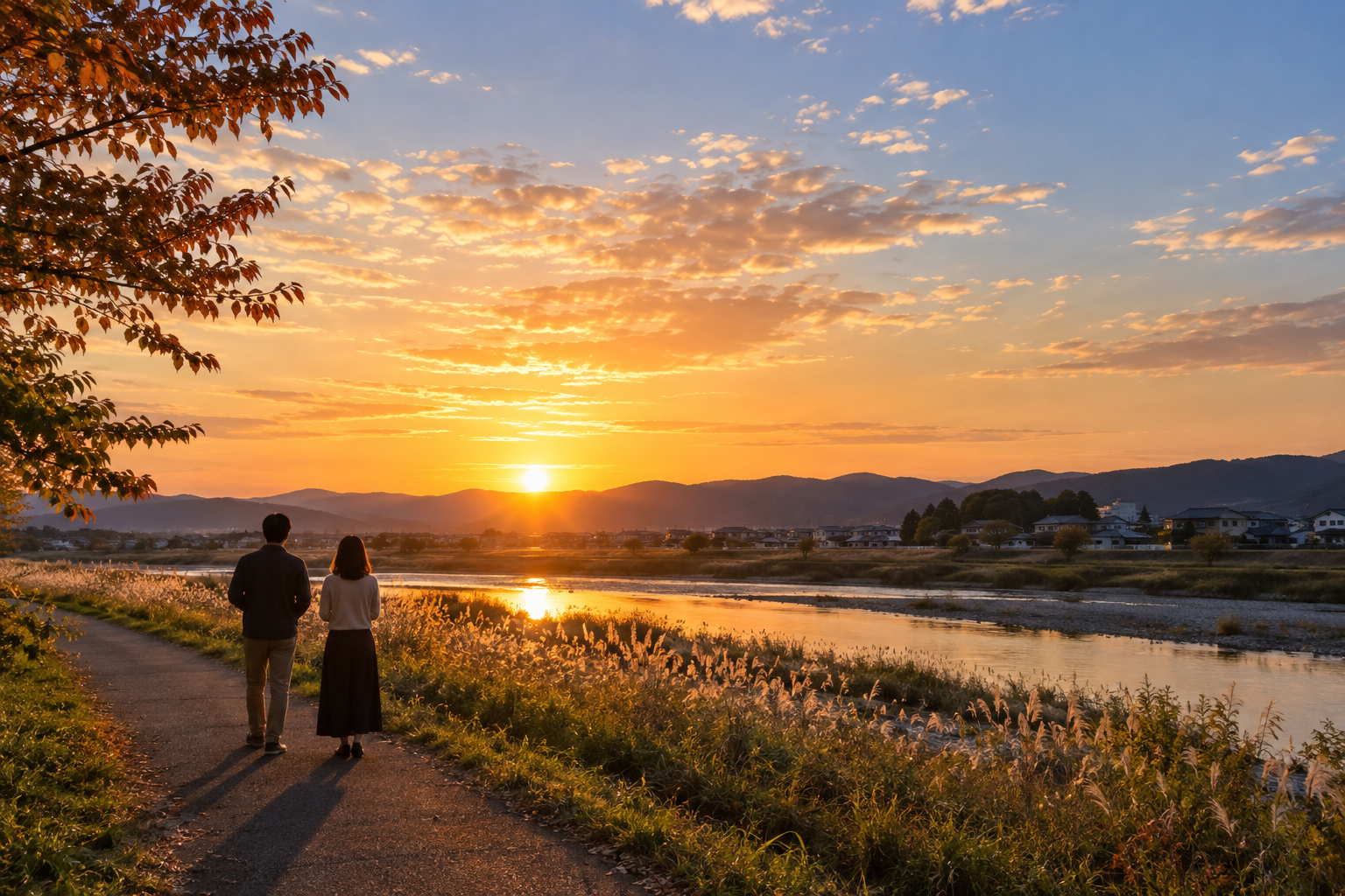 秋分の頃の夕日を川辺で眺める二人の後ろ姿