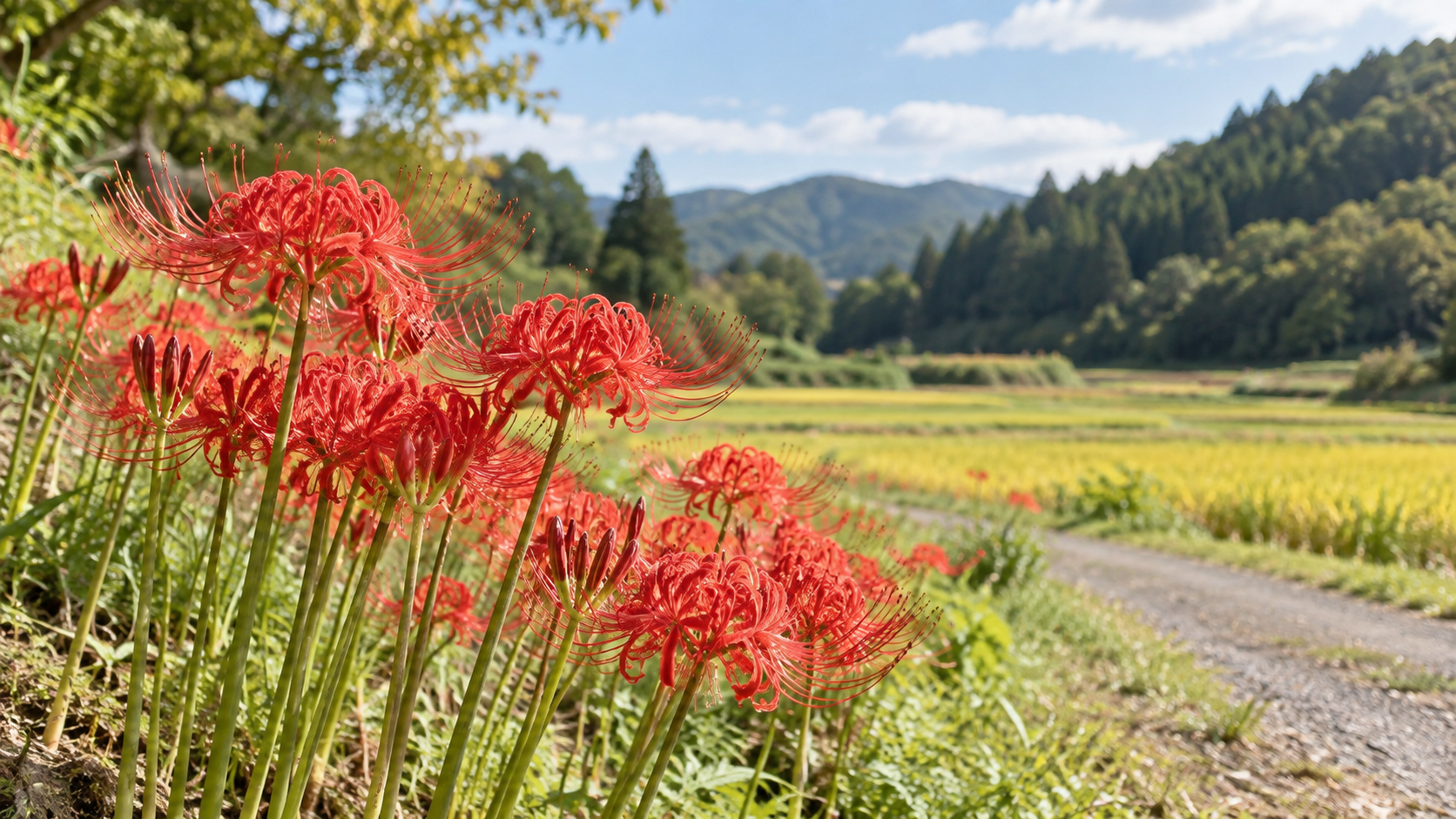 初秋の里山と田んぼのそばに咲く赤い彼岸花