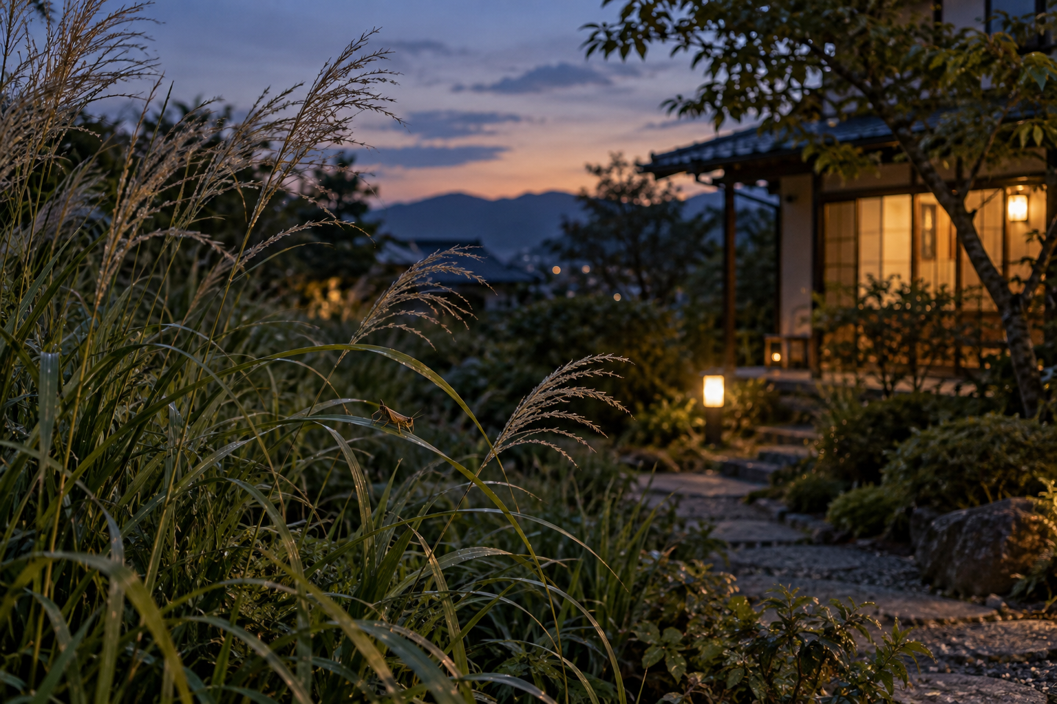 秋の夕暮れ、草むらと灯りのある庭