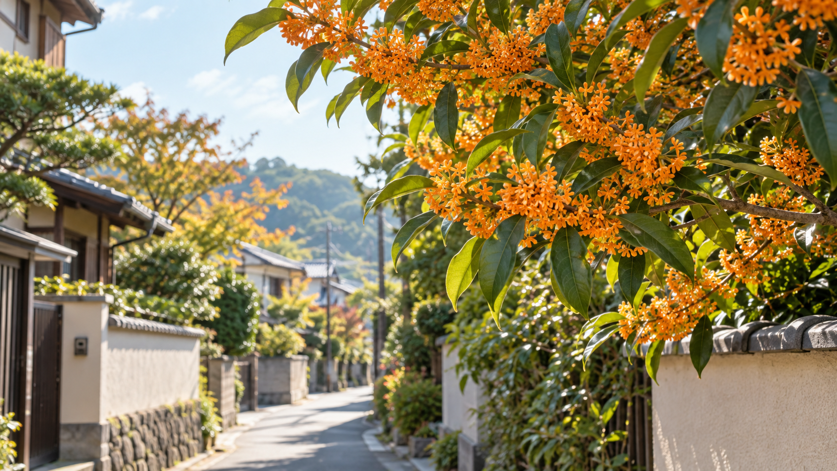 秋の日差しの中、住宅街の道沿いに咲くオレンジ色の金木犀