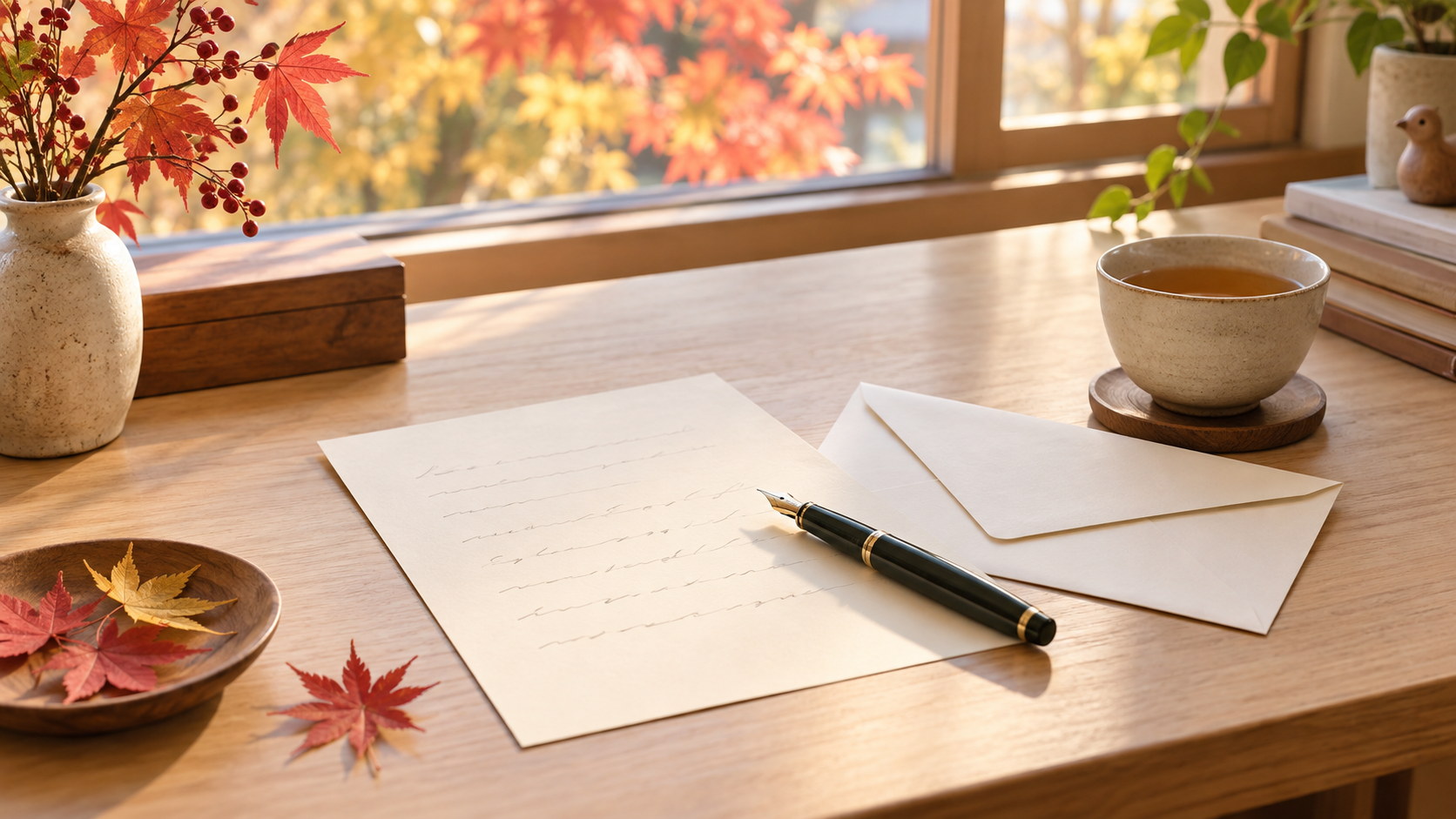 10月の挨拶を書いた便箋と封筒、秋の葉がある机