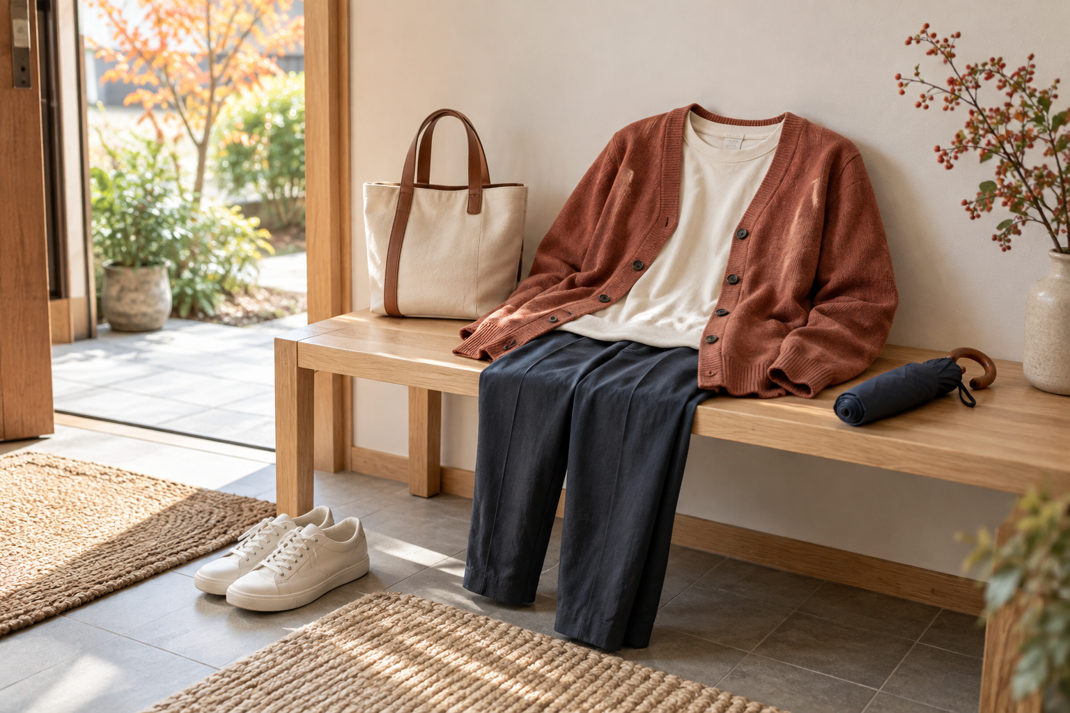 10月の外出用にカーディガンと長袖、バッグを玄関に用意した様子
