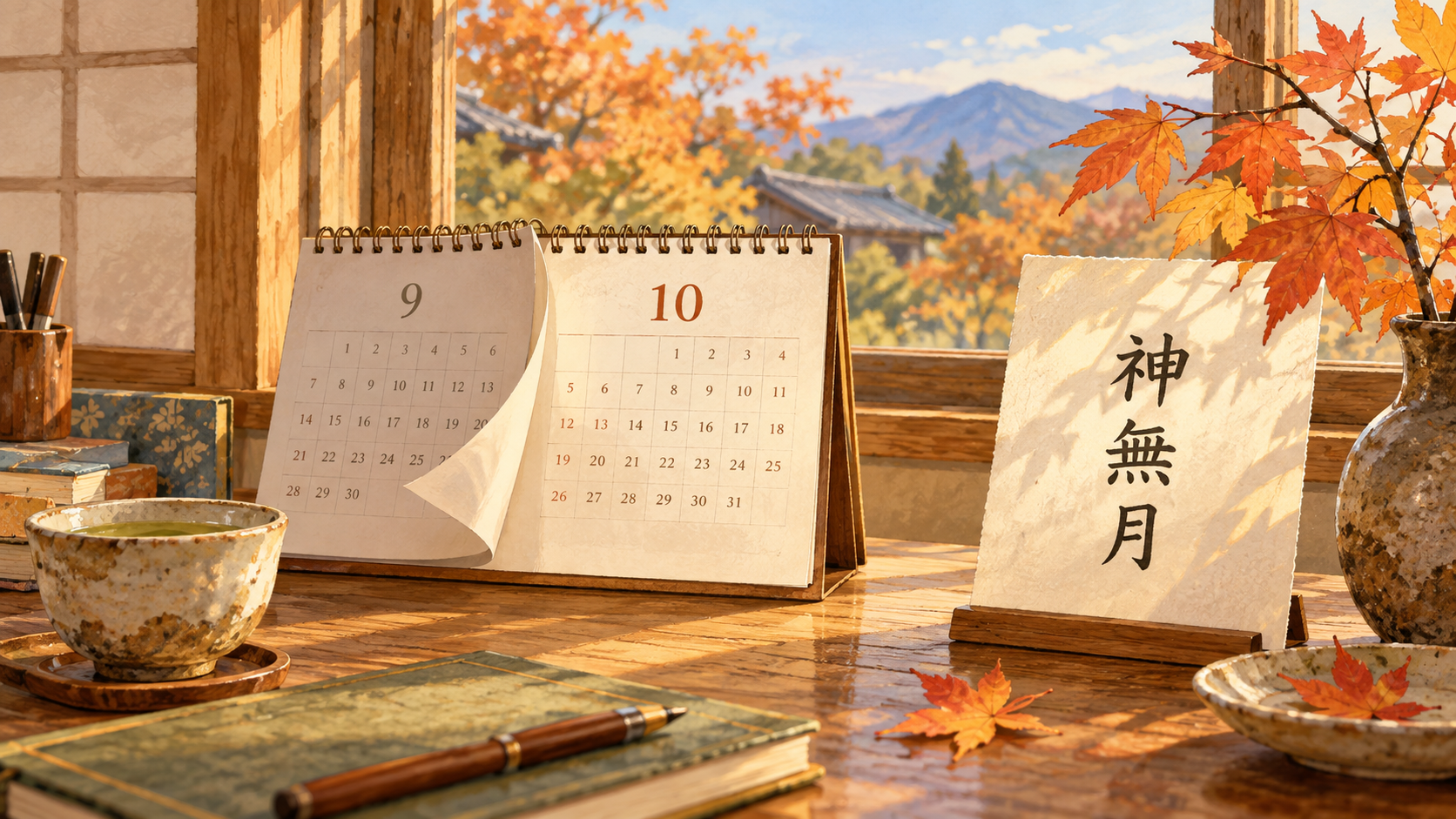 神無月と書かれた紙札と十月のカレンダー、秋の枝を描いたイラスト
