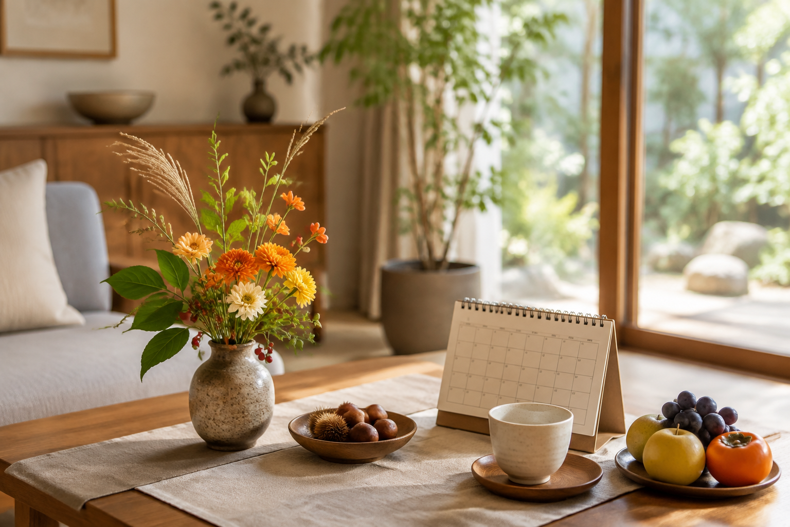 初秋の花と季節の食べ物を置いた家の食卓