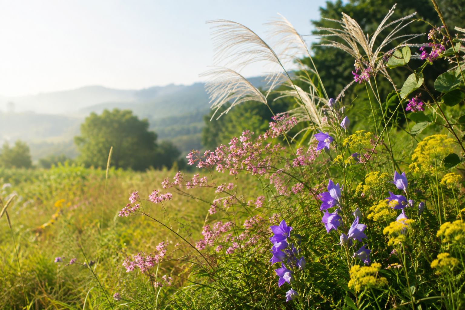 ススキや桔梗など初秋の草花が咲く野原