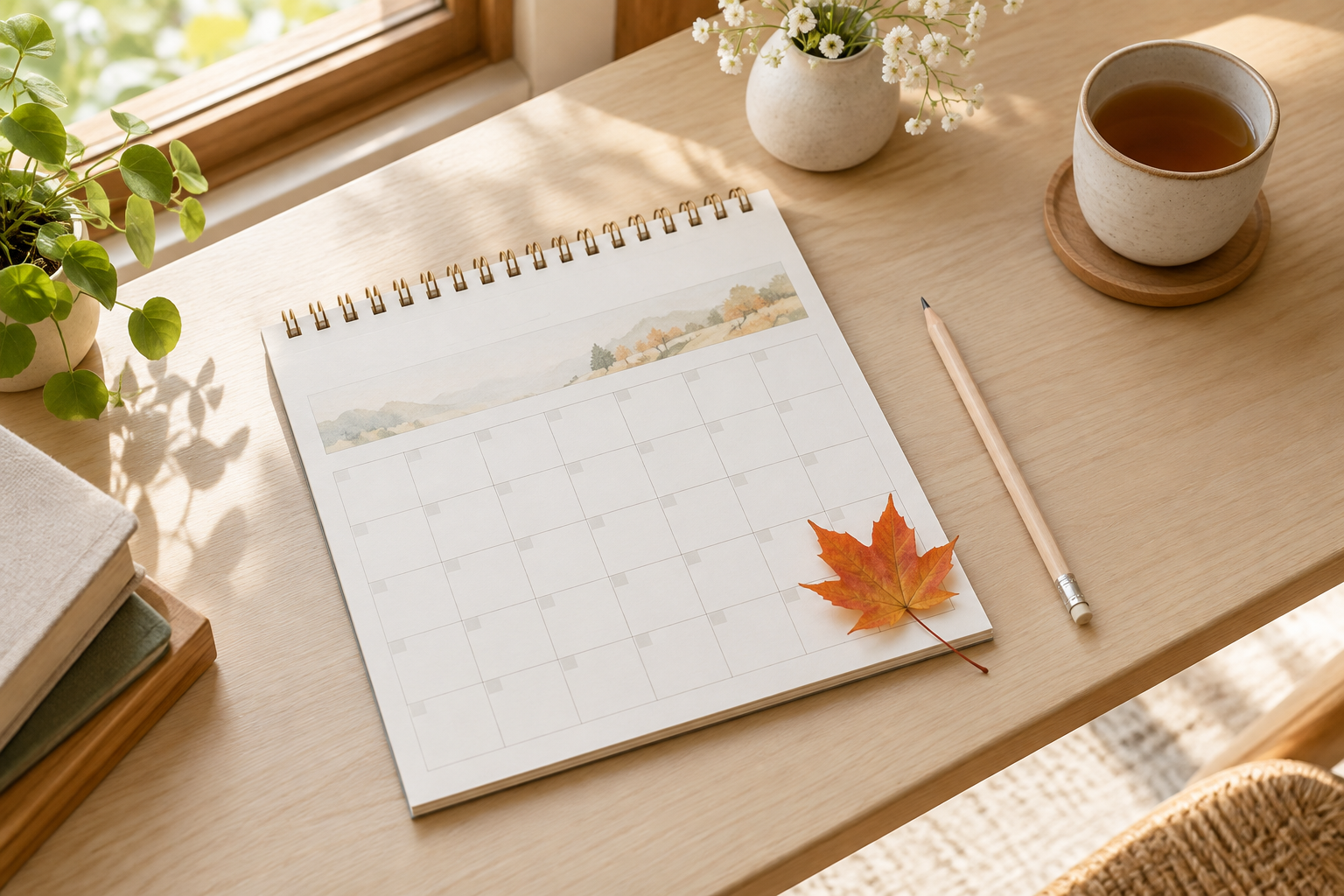 秋の葉とともに机に置かれた9月のカレンダー