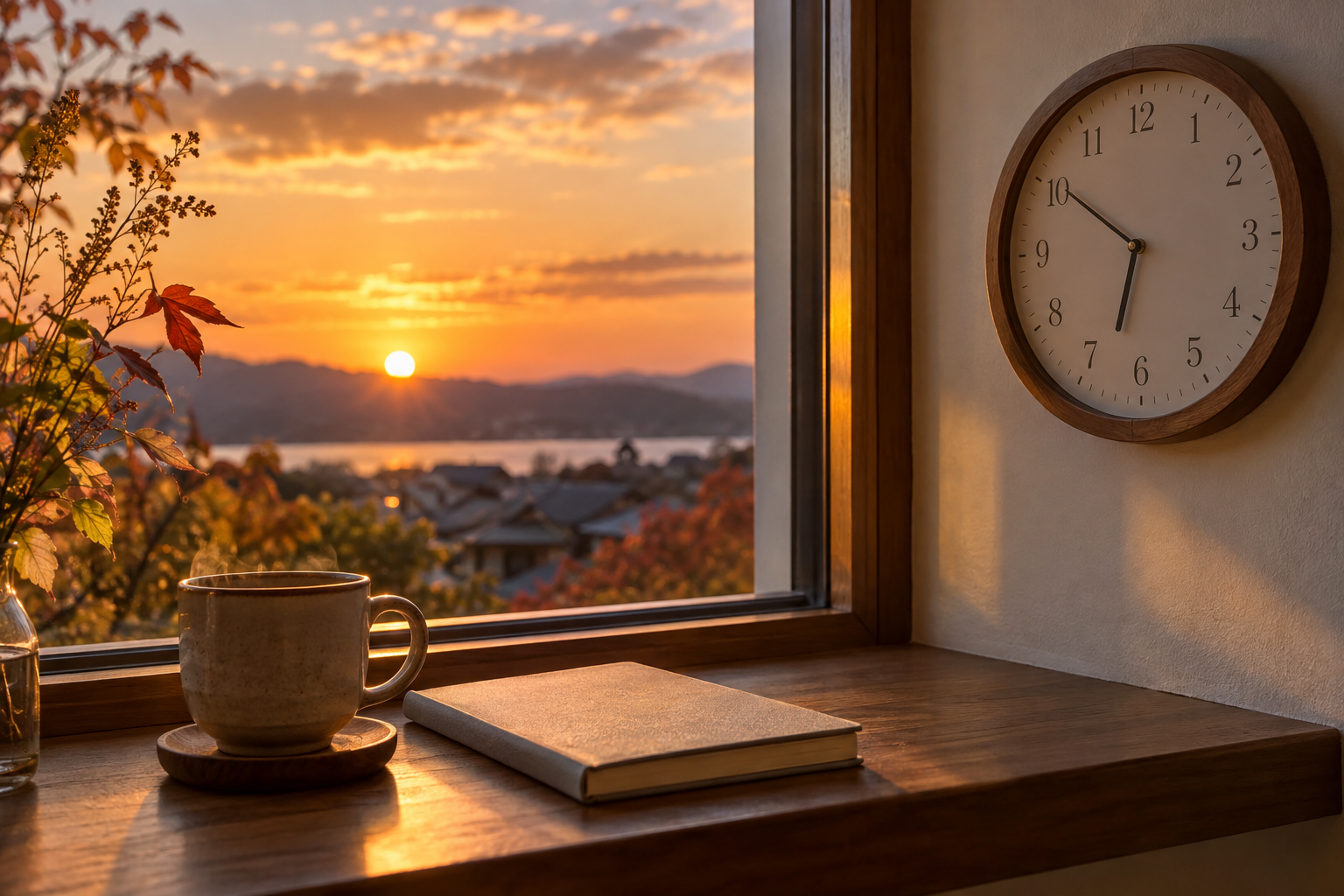 秋の夕日が差す窓辺の時計とお茶とノート