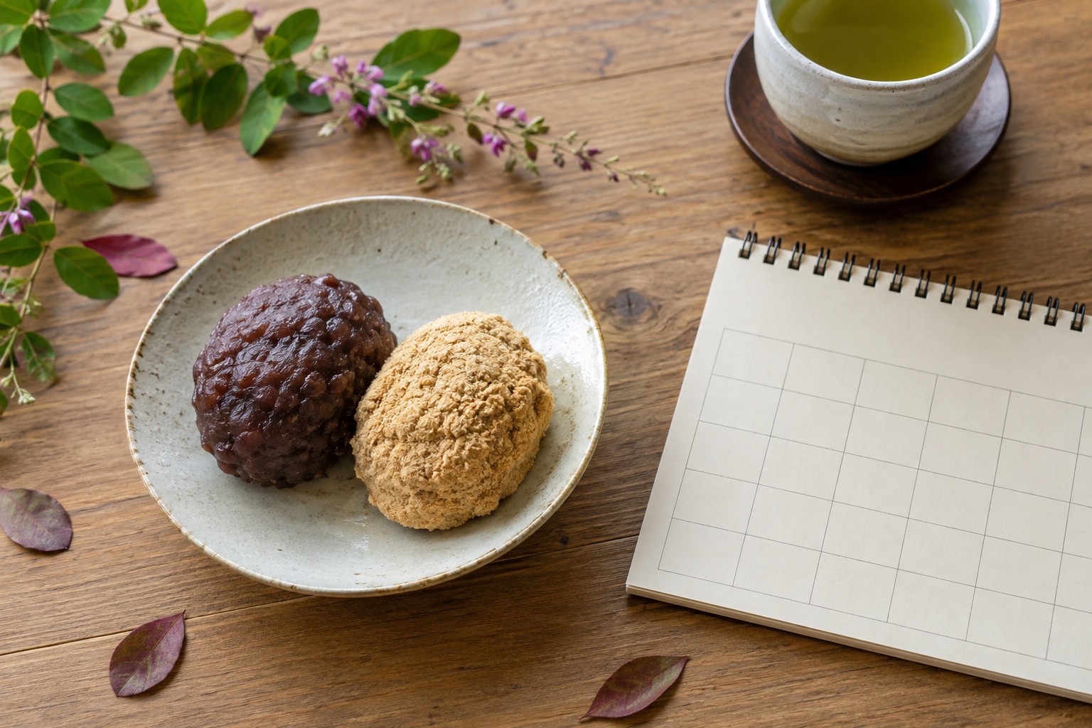 萩の枝とおはぎ、白紙の暦がある秋の食卓