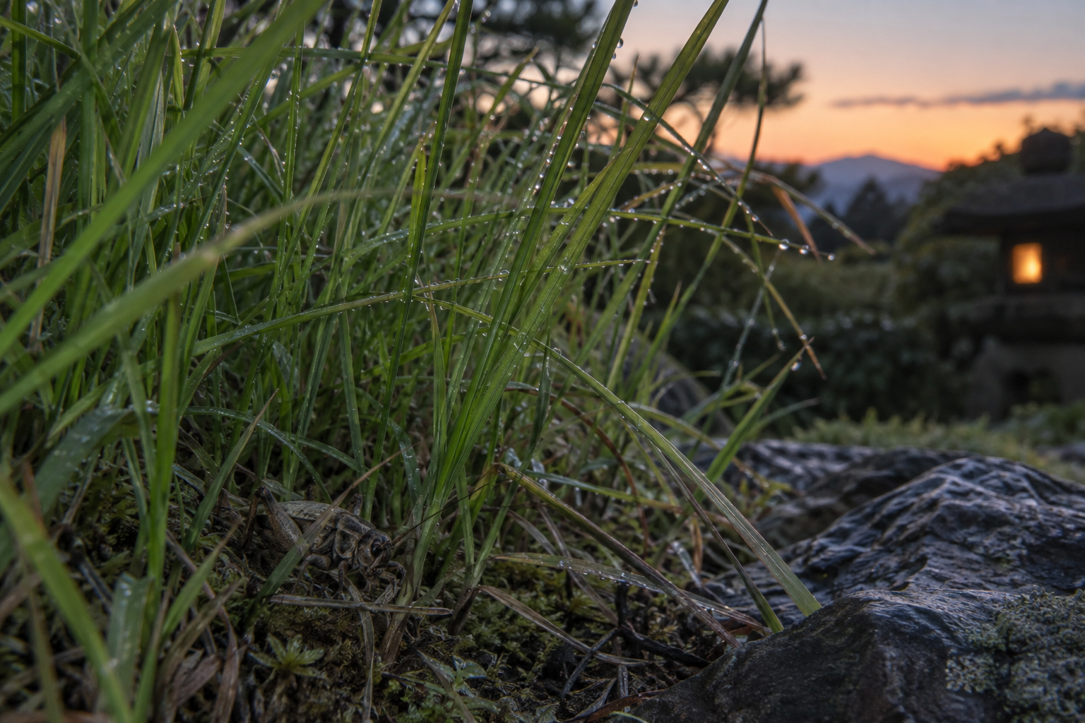 夕暮れの草むらにいるコオロギ