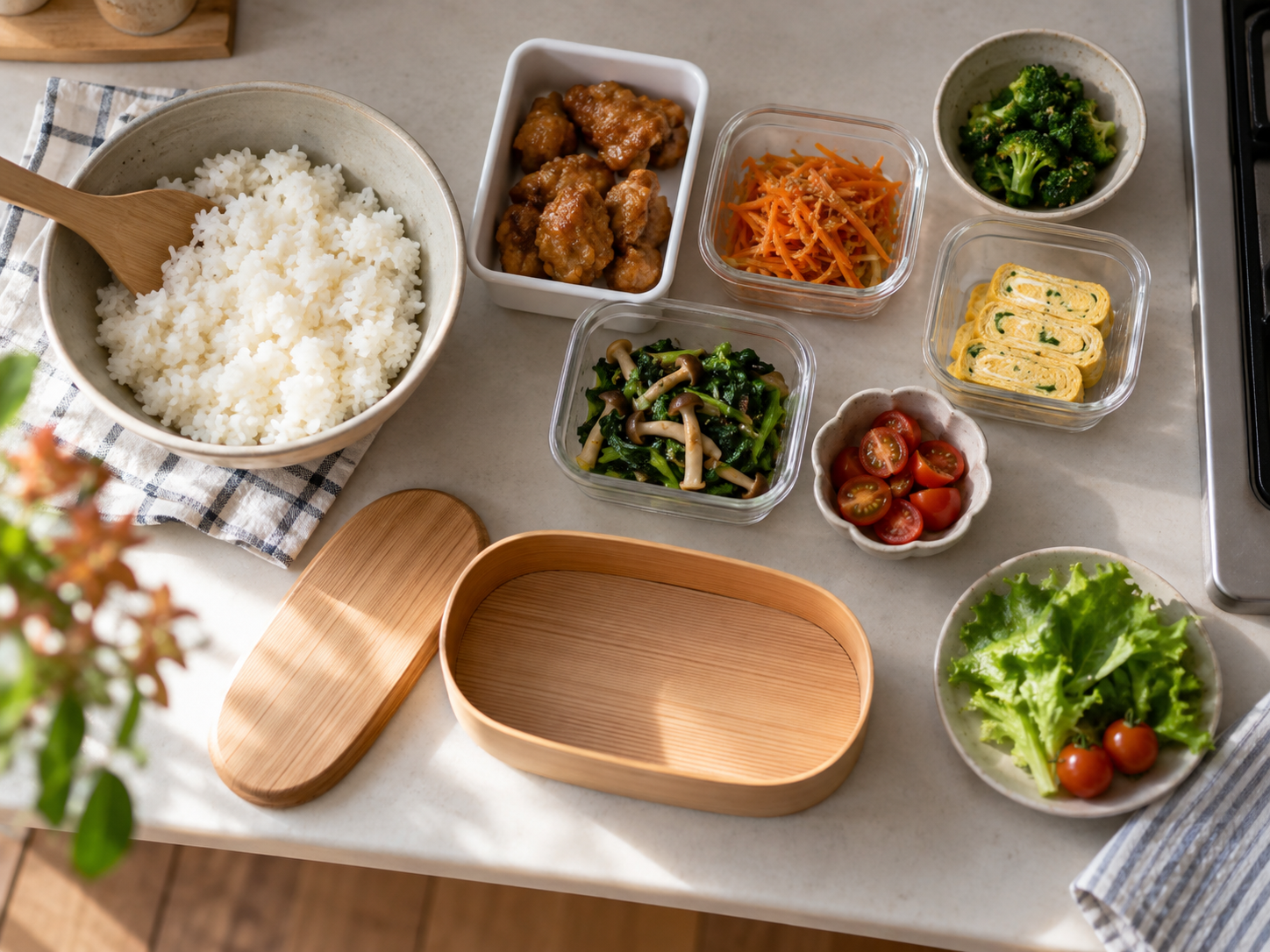 お弁当箱に詰める前に冷ましているご飯とおかず