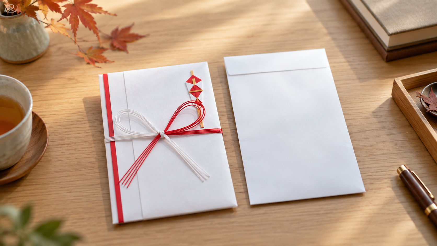 蝶結びの祝儀袋と白い封筒を並べ、使い分けを考える様子