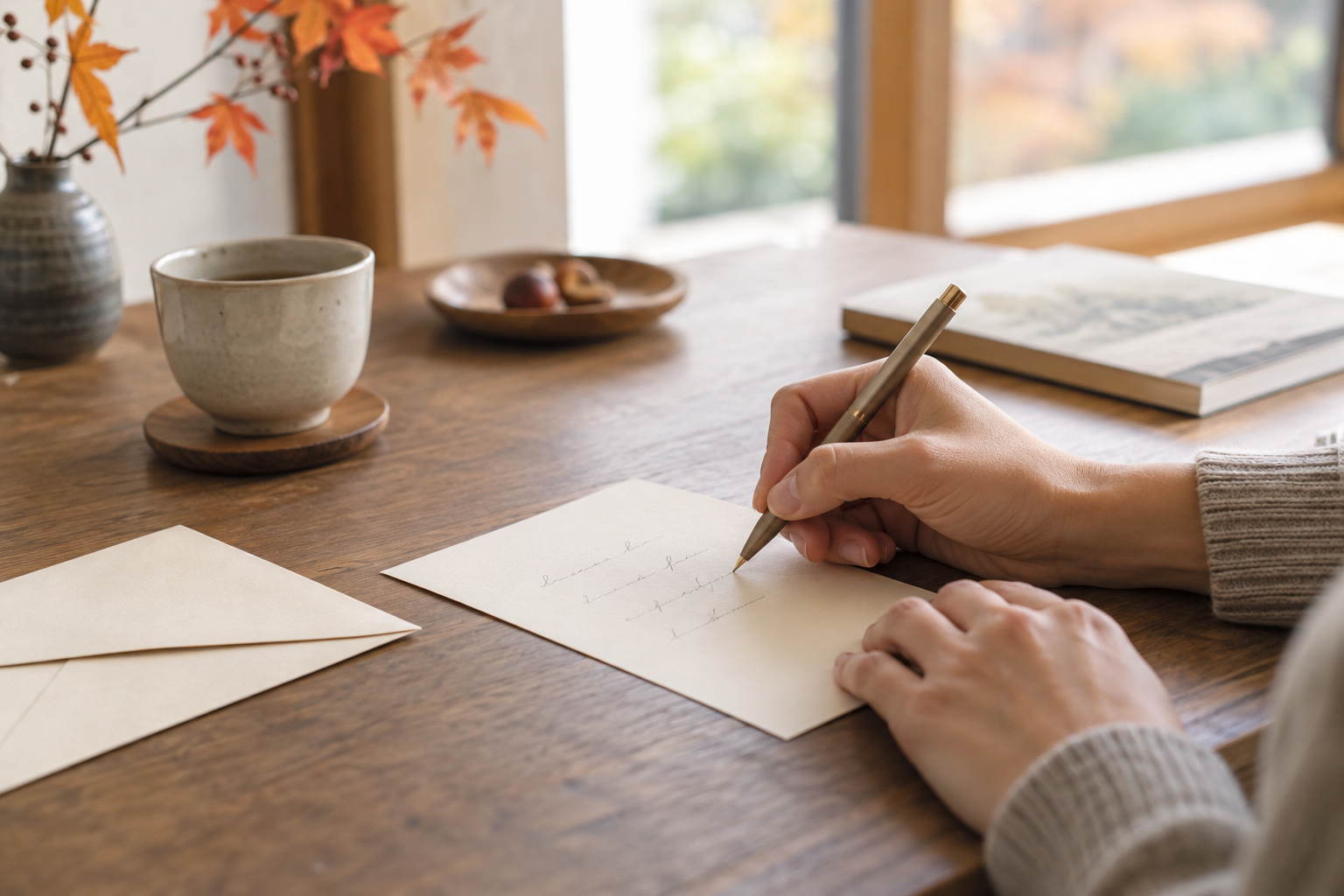 窓辺でクリーム色の便箋に短い挨拶を書く手元