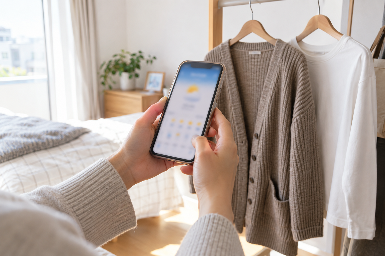 スマートフォンの予報を確認しながら長袖とカーディガンを選ぶ様子