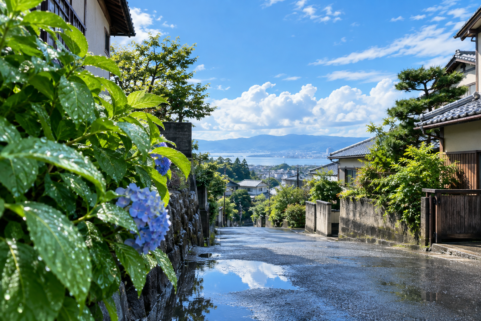 雨上がりの青空と水たまりが残る住宅街