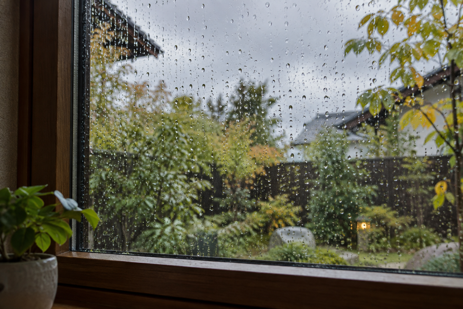 窓辺の雨粒と曇りの秋の庭