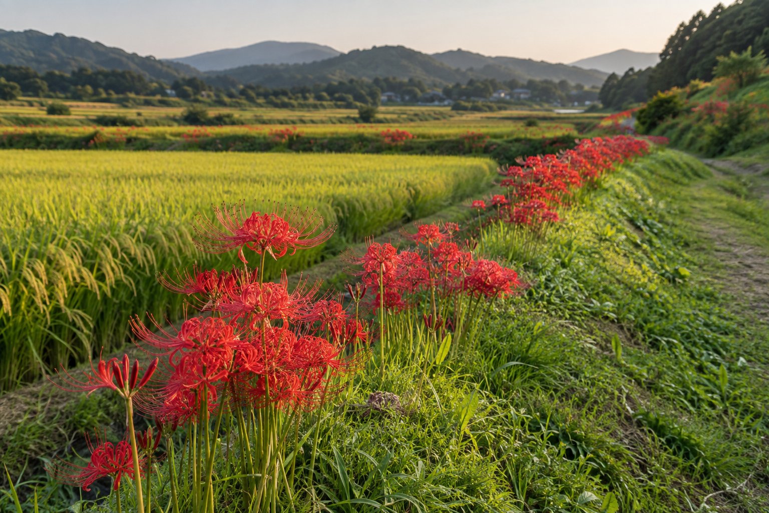 田んぼのあぜに咲く赤い彼岸花
