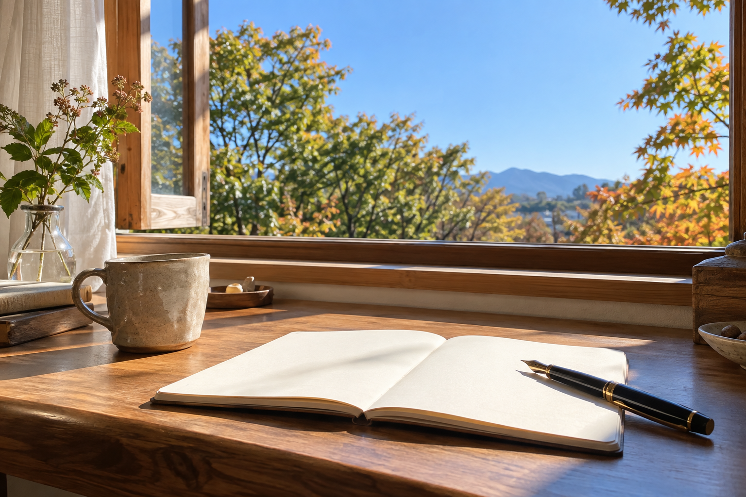 秋の青空を窓越しに見ながらノートに言葉を書く机