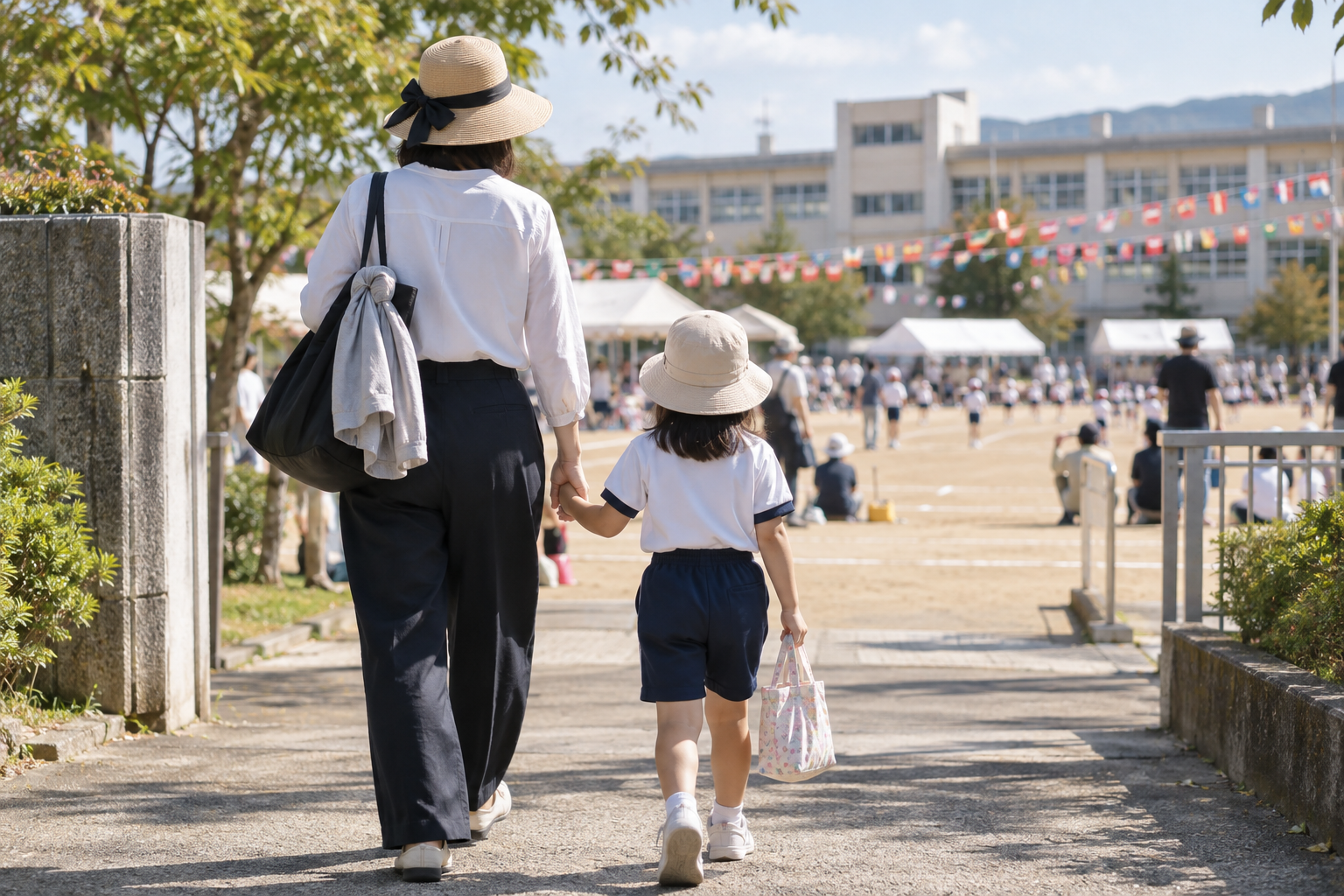 保護者と子どもが運動会会場に向かう後ろ姿