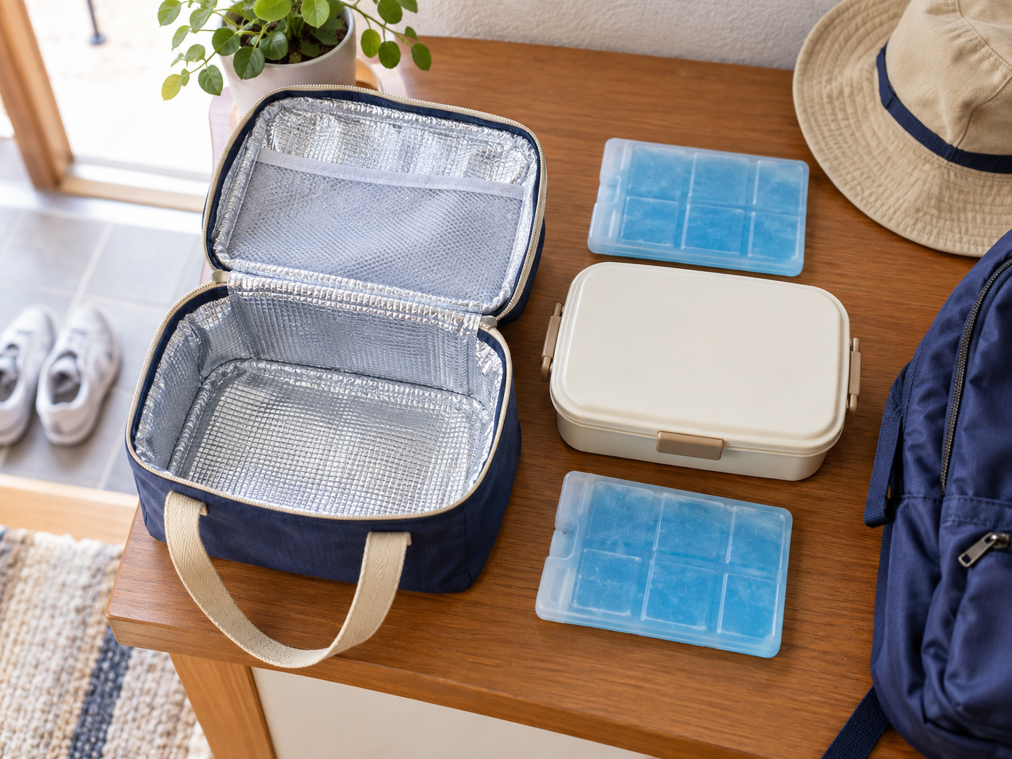 保冷バッグにお弁当箱と保冷剤を入れる準備