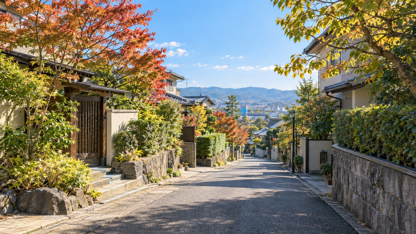 秋色の木々が続く静かな住宅街