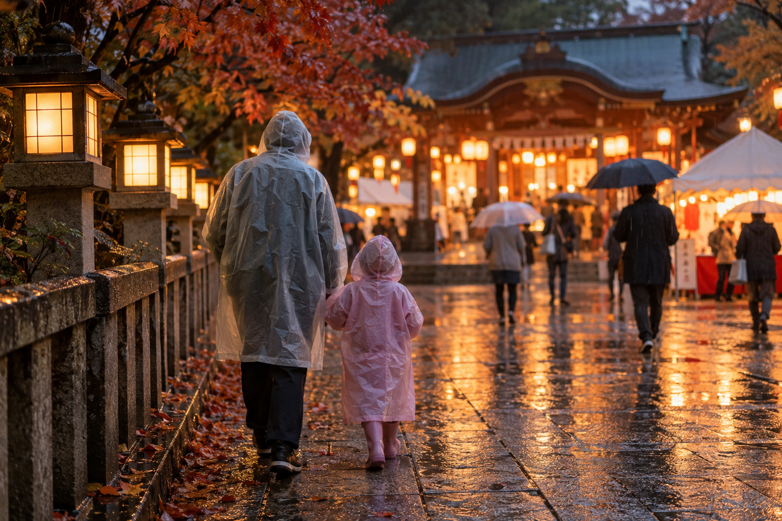 雨の秋祭りでポンチョ姿の親子が歩く後ろ姿