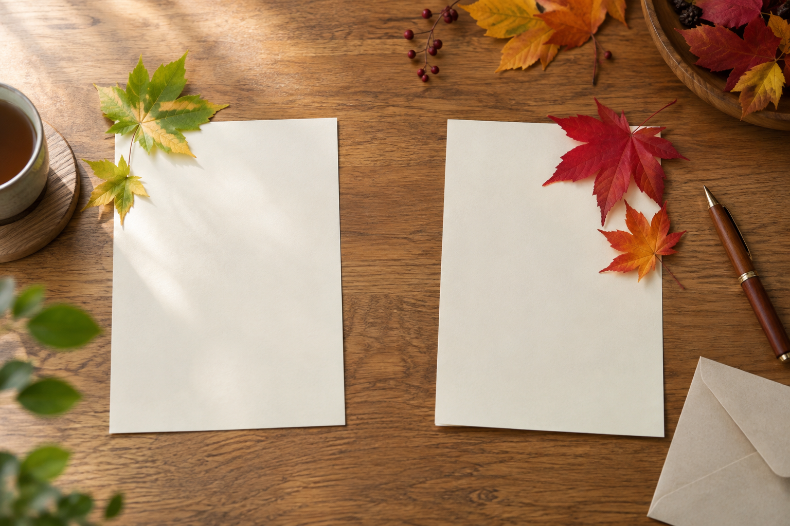 10月上旬と下旬の季節感を葉の色で表した二枚の便箋