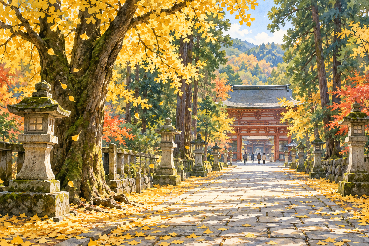 秋の神社へ続く参道と木々