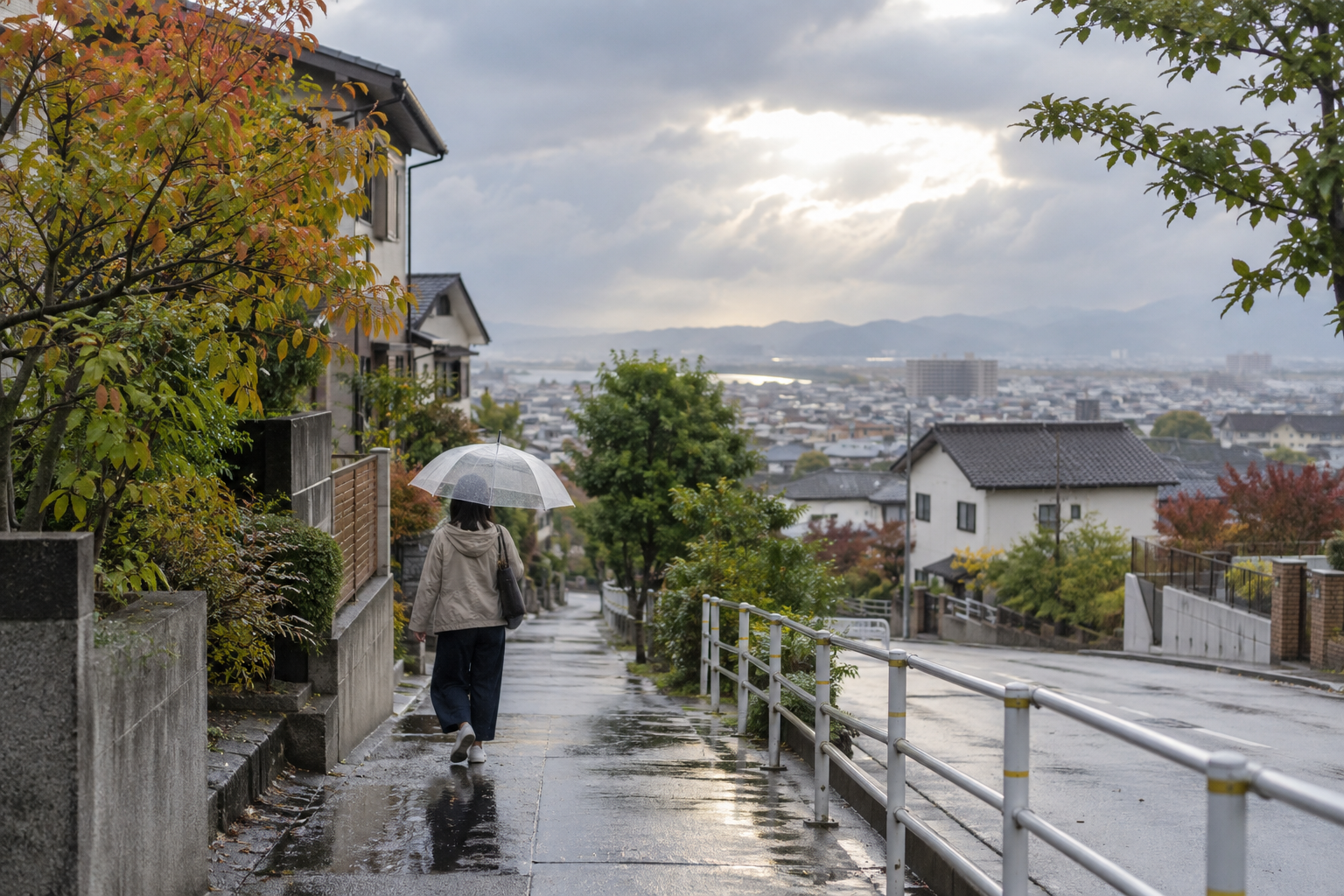 雨雲の合間に傘を持って歩く人の後ろ姿