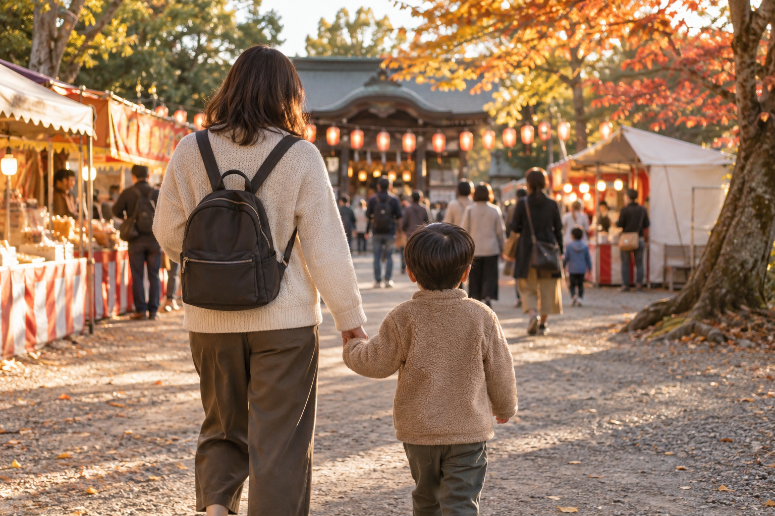 小さなリュックで子どもの手を引き祭り会場へ向かう親子の後ろ姿