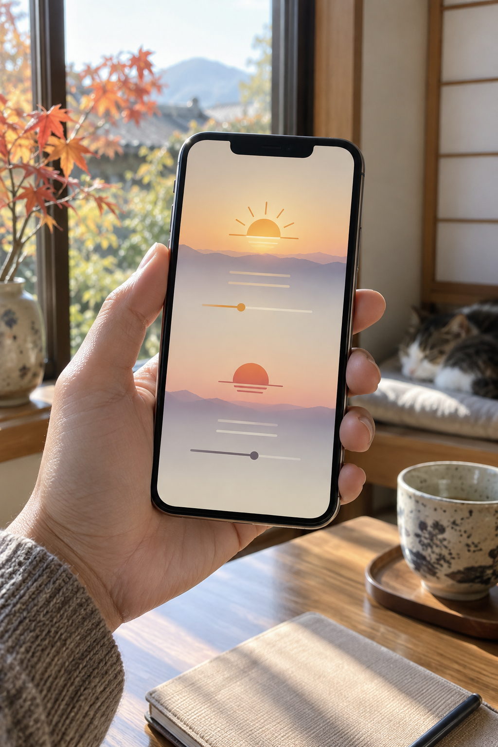日の出と日の入りの時刻をスマートフォンで確認する手元