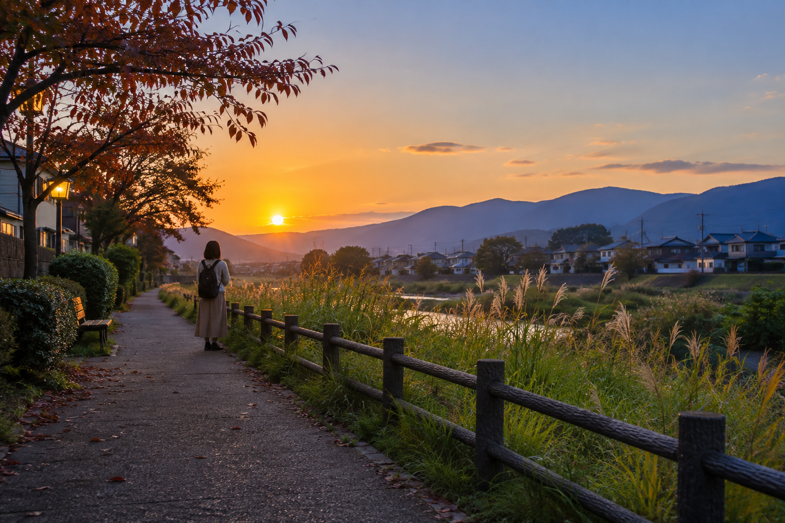 秋の夕方に草地のそばを歩く人