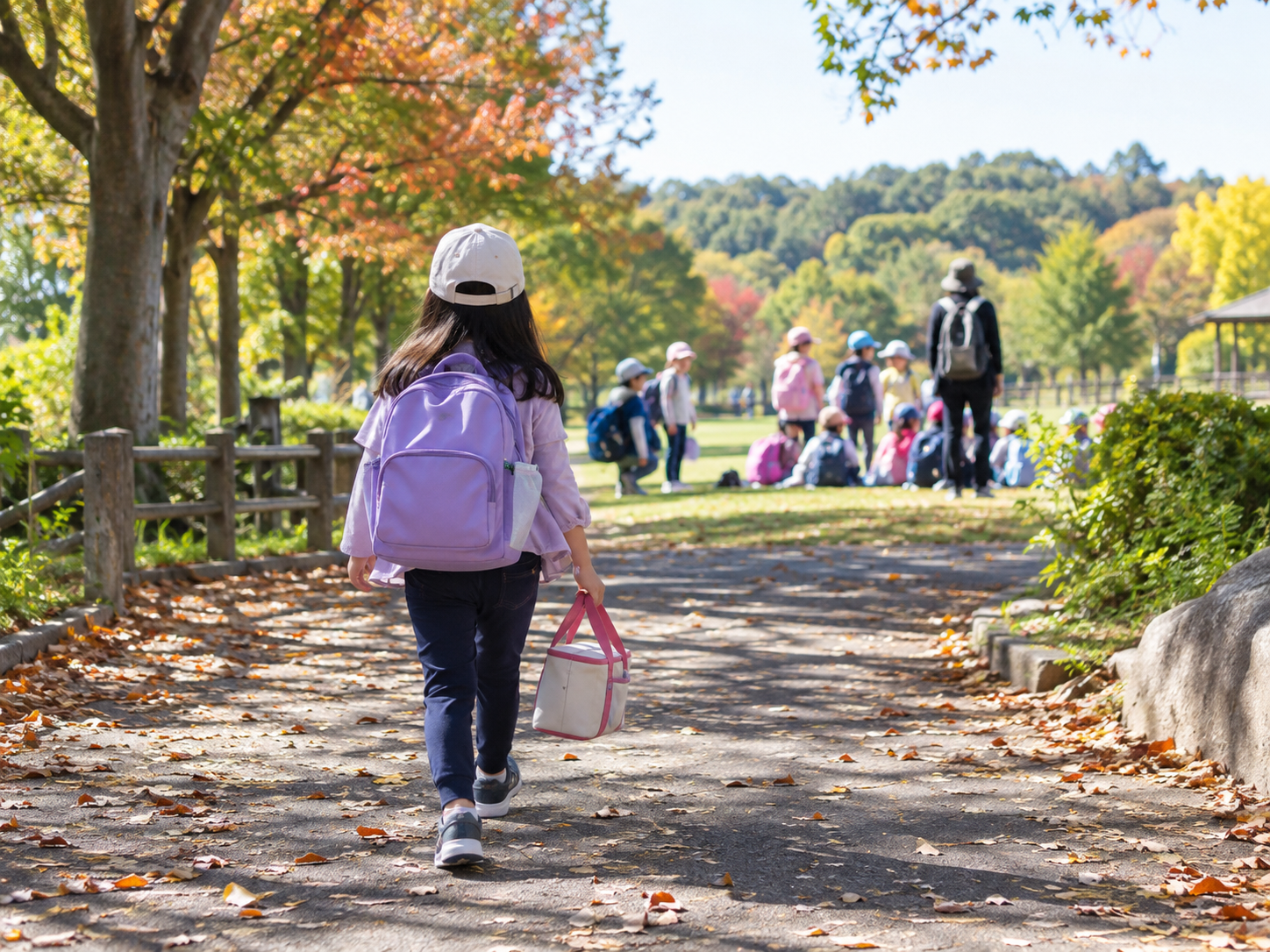 秋の遠足へ保冷バッグを持って歩く子どもの後ろ姿