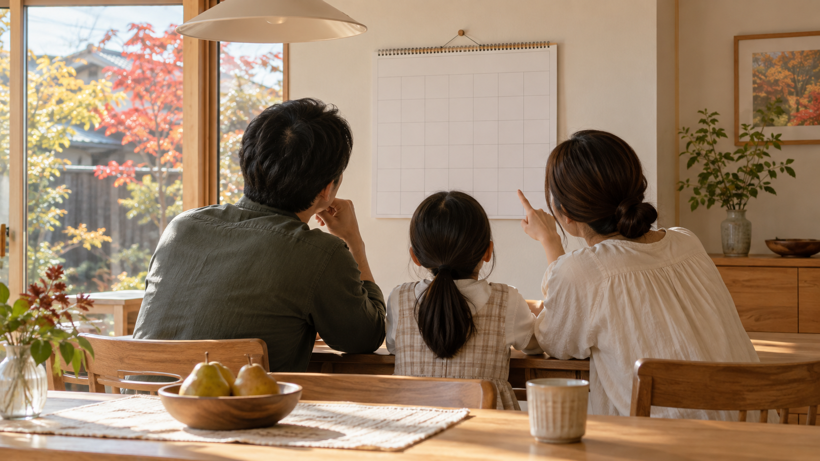 秋の光が入る部屋で白紙のカレンダーを確認する家族