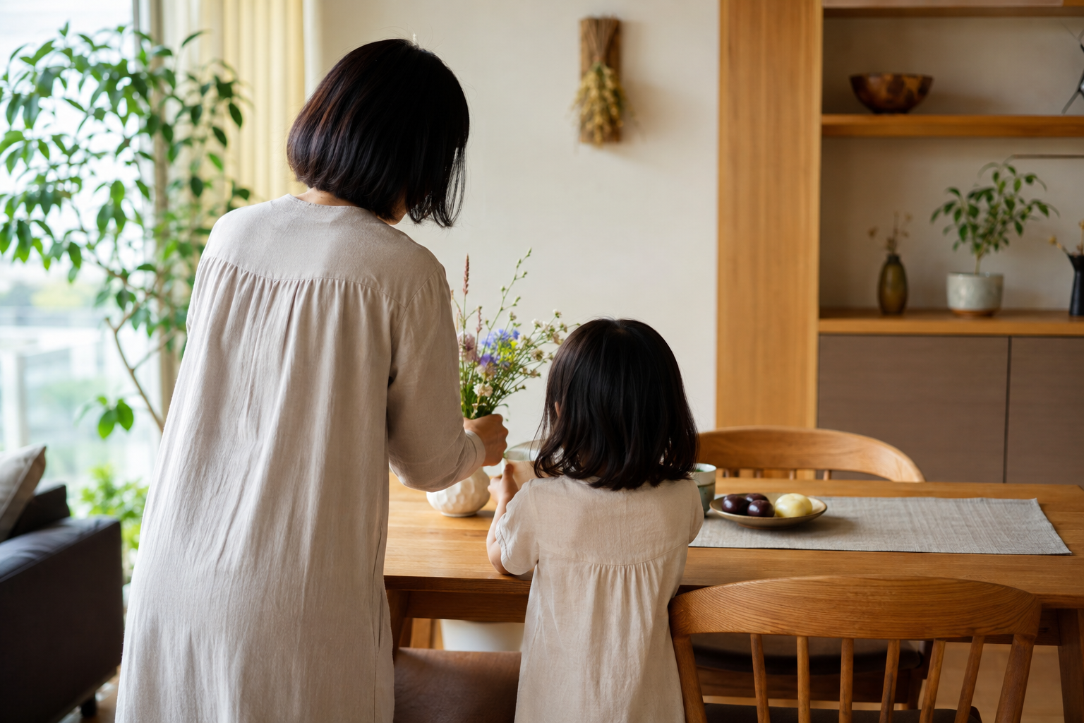 親子で花を整える初秋の食卓