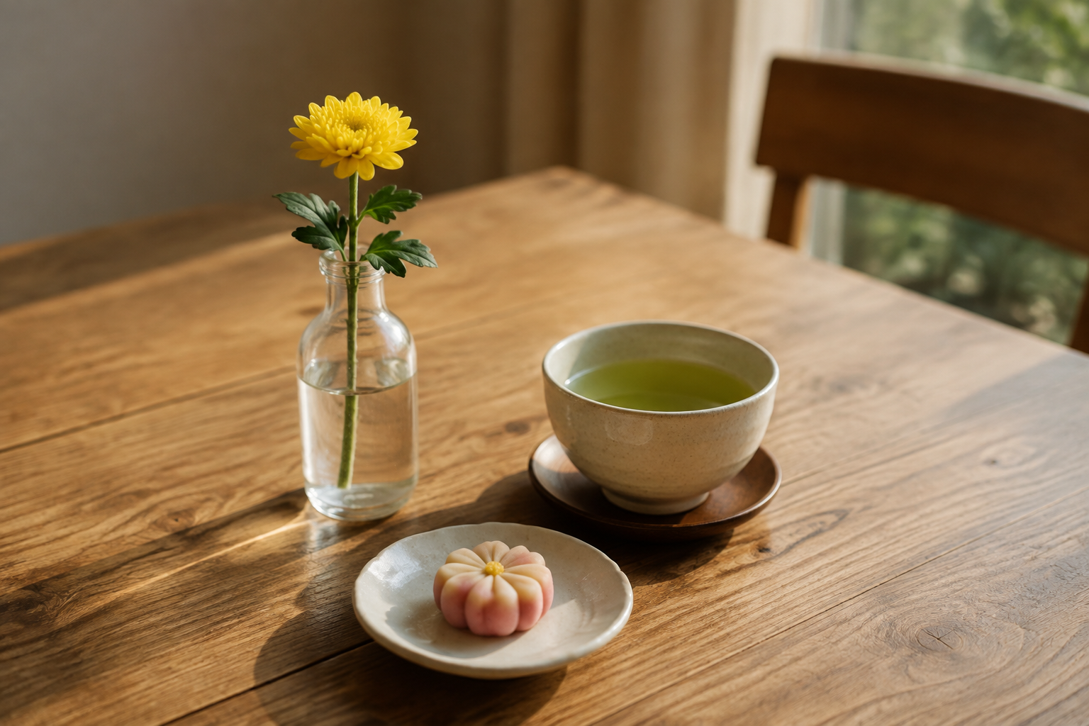 一輪の菊とお茶、和菓子を置いた家庭の小さな秋の卓上風景