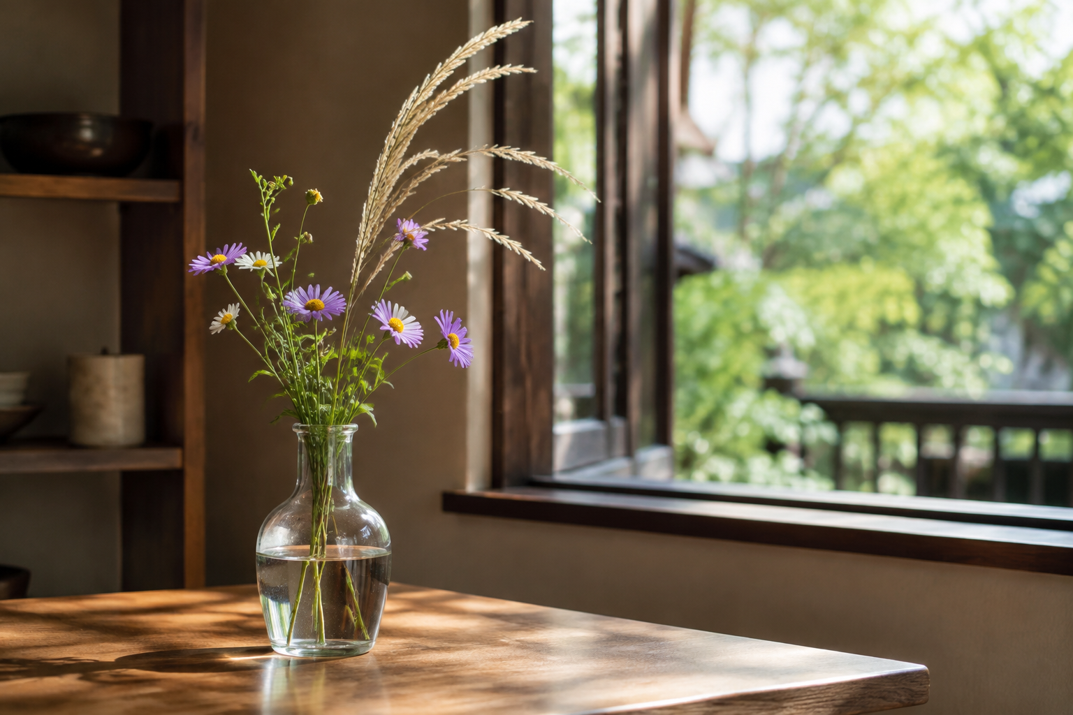 窓辺の花瓶に飾った秋草