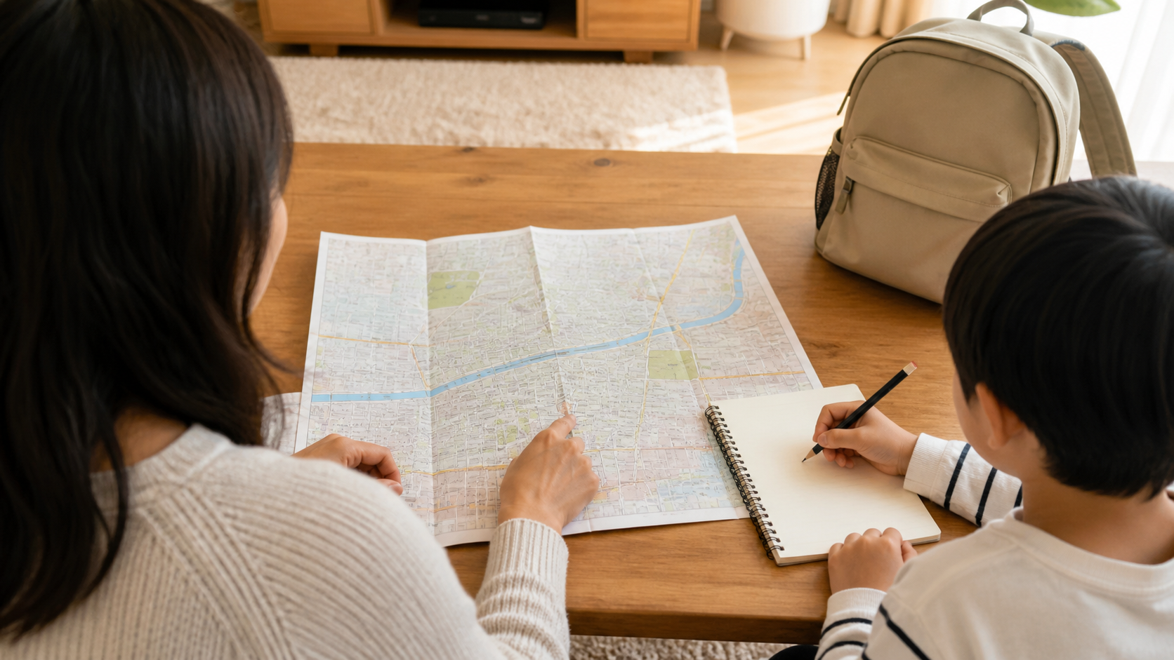 親子で地図と集合場所を確認する様子